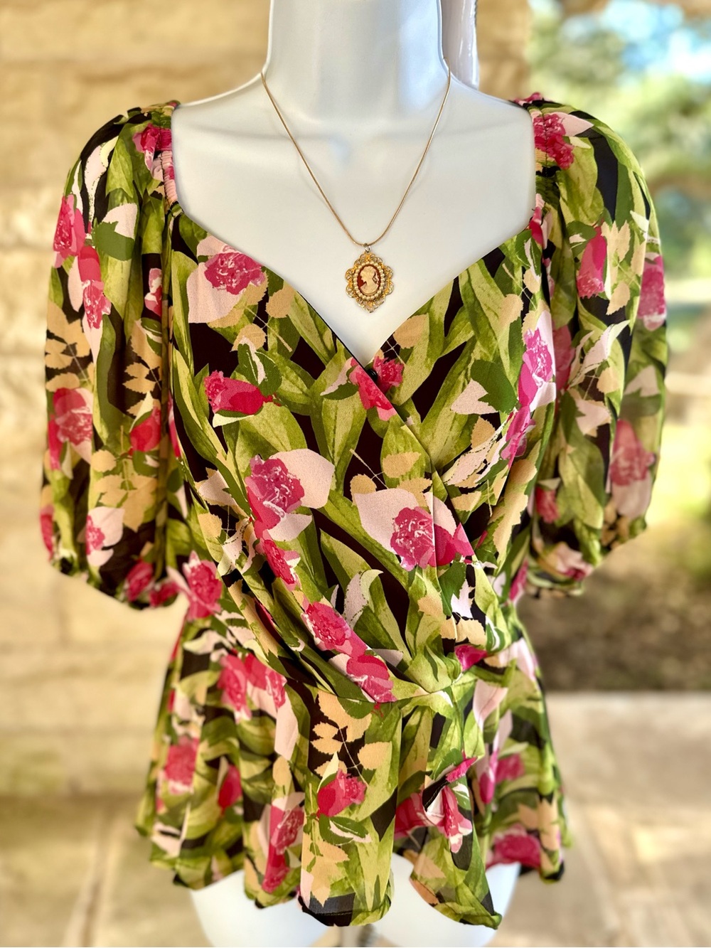Flying Tomato Floral Faux Wrap Top in Pink & Green - Picture 4 of 11
